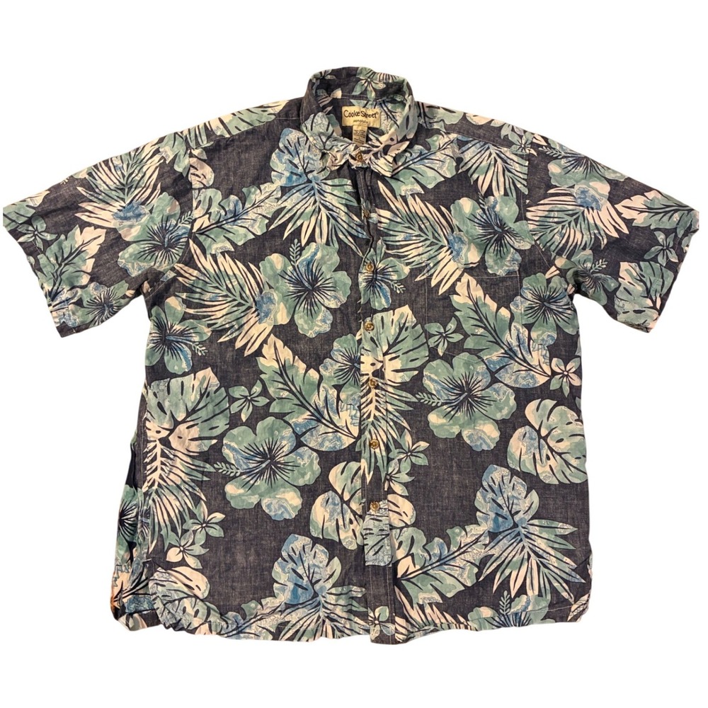 Cooke Street Honolulu Mens Blue Floral Cotton Hawaiian Shirt L Vintage Damaged